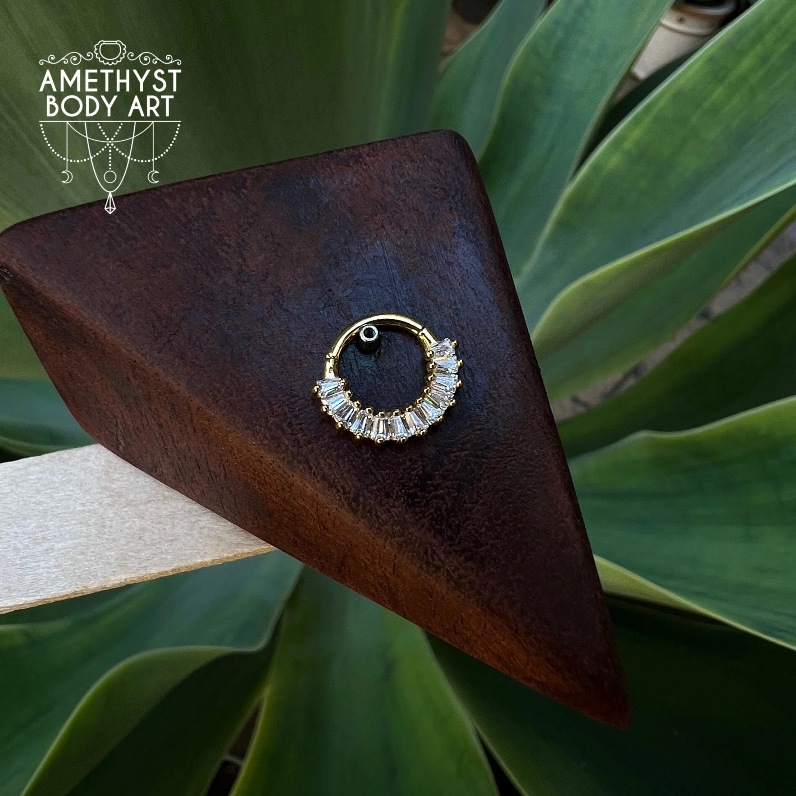 PVD YG Prong Set Baguette Cubic Zirconia - Stainless Steel Hinged Ring