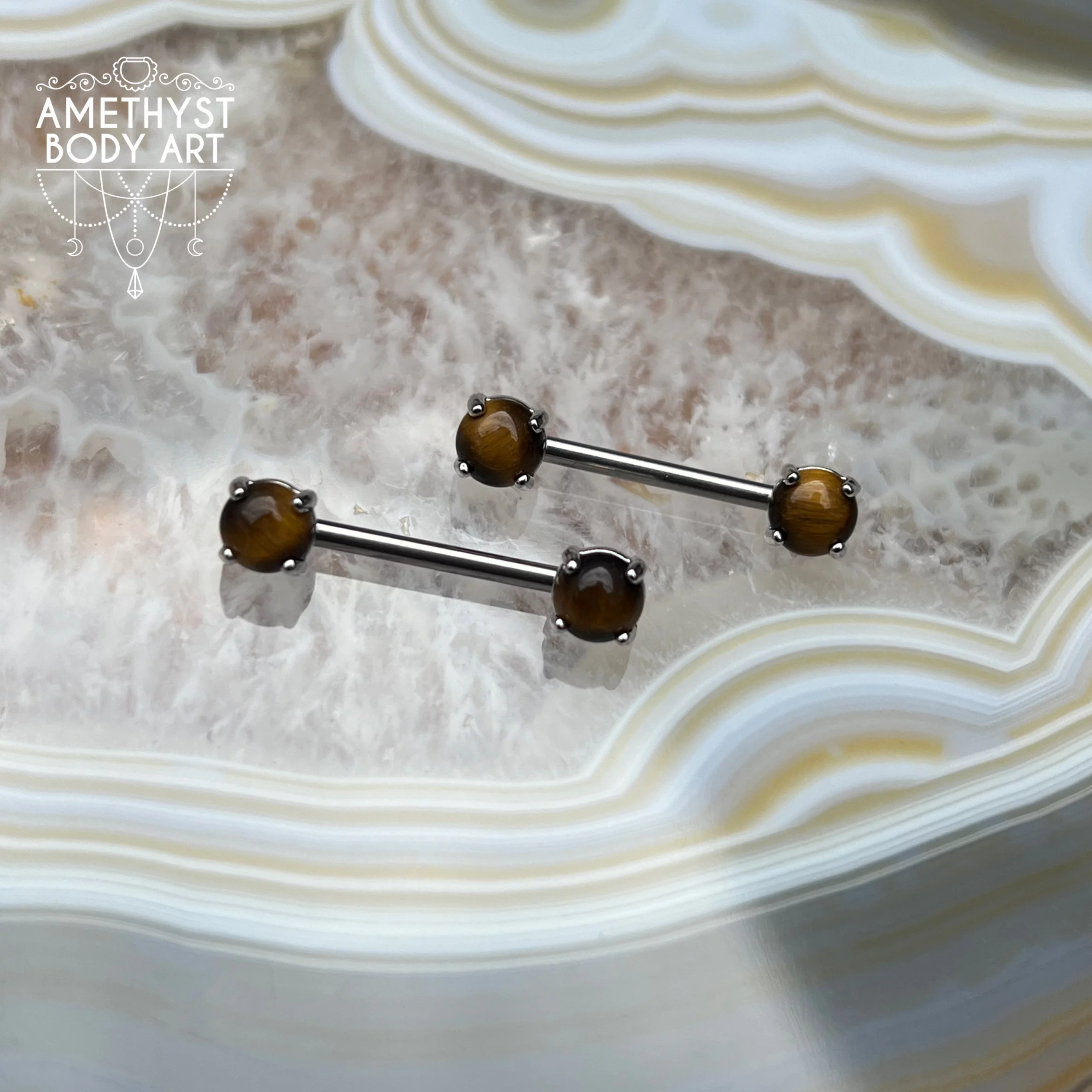 Stainless Steel - Nipple Barbell - Prong Set Tigers Eye - Pair - Image 2