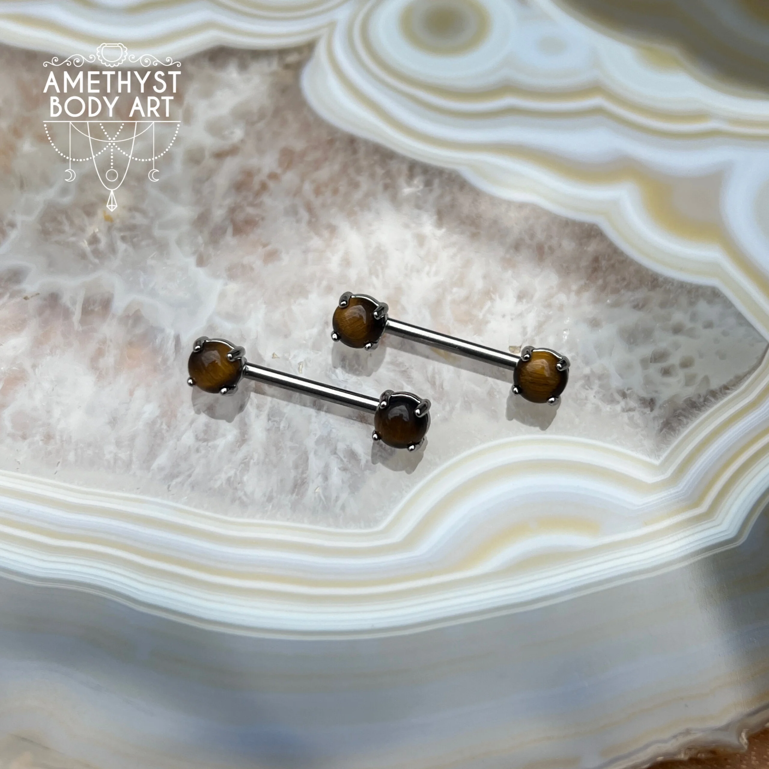 Stainless Steel - Nipple Barbell - Prong Set Tigers Eye - Pair