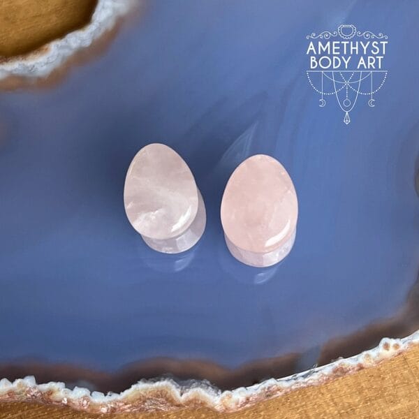 10mm Rose Quartz Tear Drop Shaped Double Flared Stone Plugs - Image 2