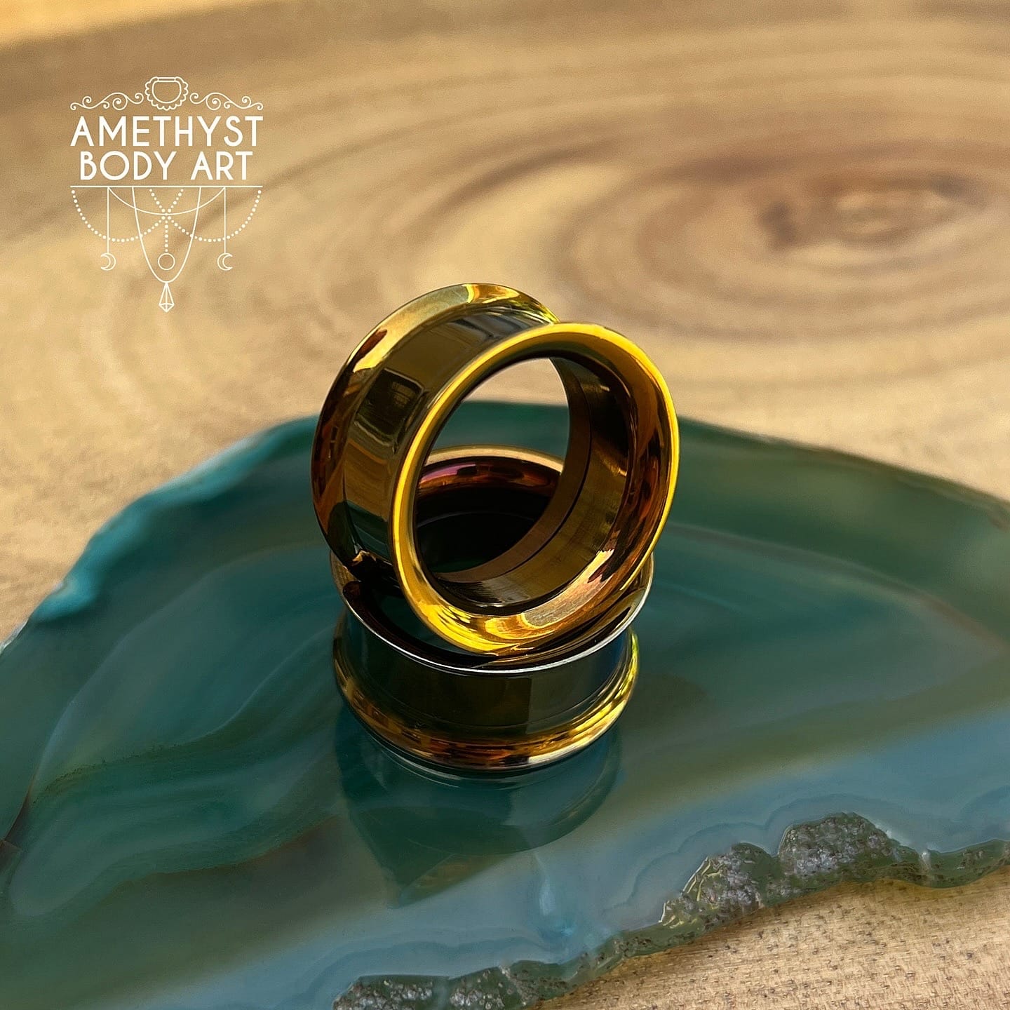 22mm Internally Threaded Tunnels With Bronze Plating. - Amethyst Body Art