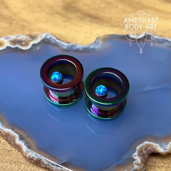 12mm Rainbow PVD - Blue Opal Screw Fit Tunnels