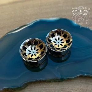 19mm SS Internally Threaded Double Flares With Gold Mandala Inlay
