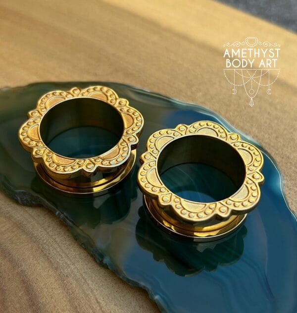 25mm PVD Gold Screw Fit Tunnels With Mandala Design - Image 2