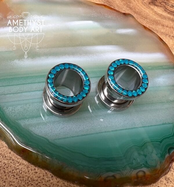 10mm Blue CZ Stainless Steel Screw Fit Tunnels - Image 2