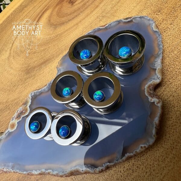 Stainless Steel - Blue Opal Screw Fit Tunnels - Image 2