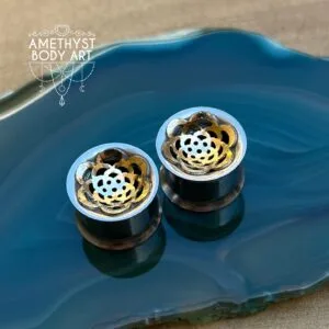 12.7mm SS Internally Threaded Double Flares With Gold Mandala Inlay