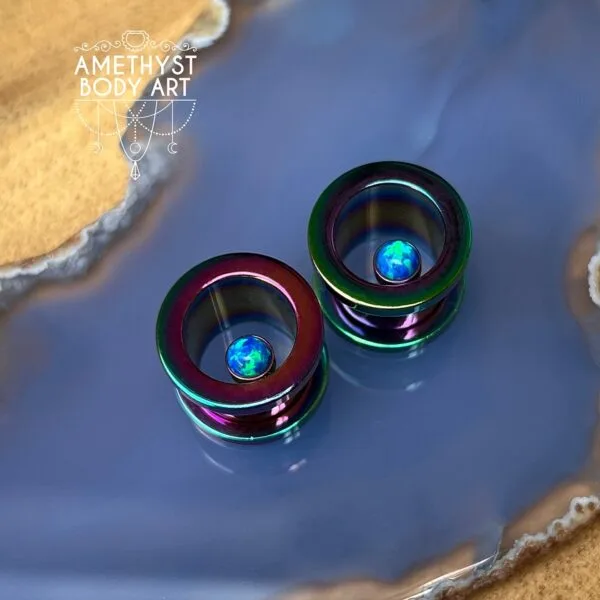12mm Rainbow PVD - Blue Opal Screw Fit Tunnels - Image 2