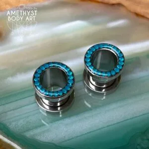 10mm Blue CZ Stainless Steel Screw Fit Tunnels