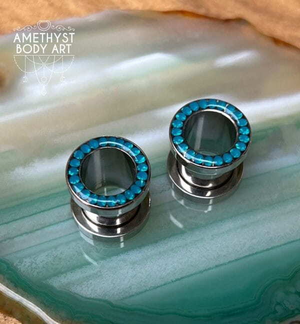 10mm Blue CZ Stainless Steel Screw Fit Tunnels