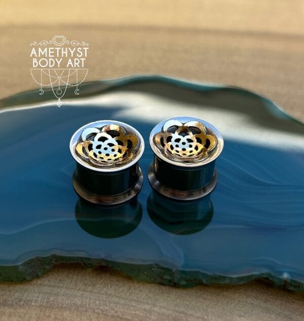 12.7mm SS Internally Threaded Double Flares With Gold Mandala Inlay - Image 2