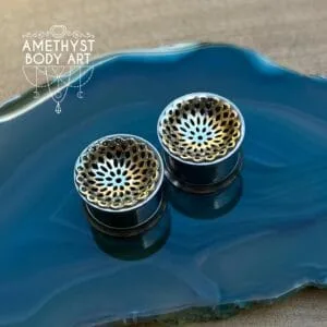 14mm SS Internally Threaded Double Flares With Gold Mandala Inlay