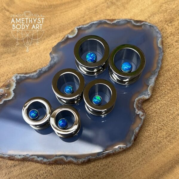 Stainless Steel - Blue Opal Screw Fit Tunnels