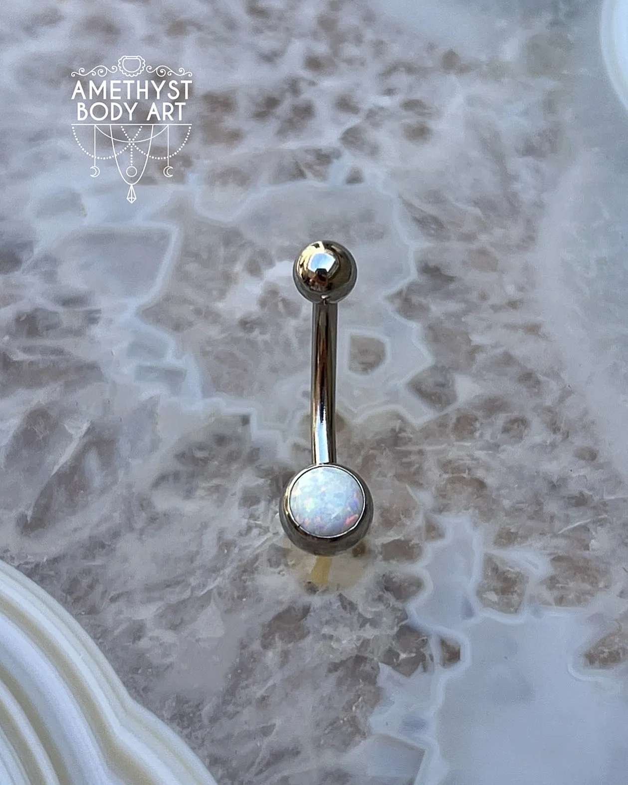 White Opal Stainless Steel Navel Curve Externally Threaded (4mm, 6mm ball)