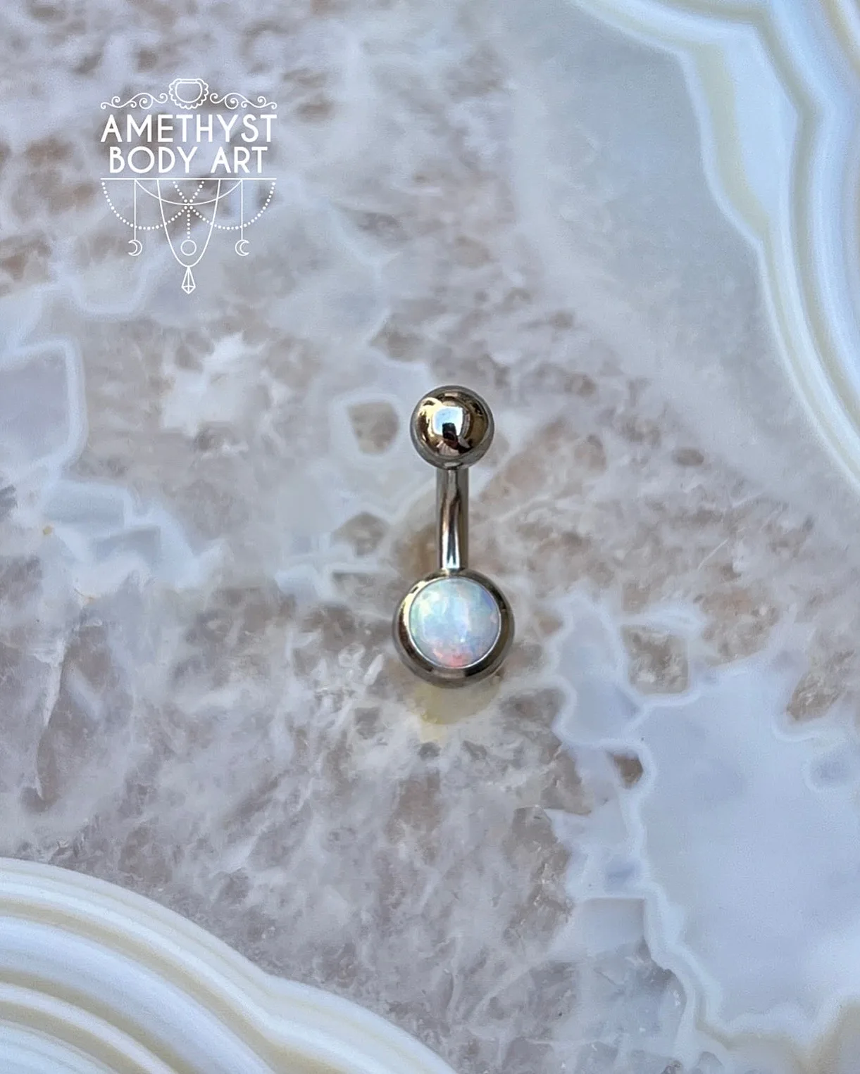 White Opal Stainless Steel Navel Curve Externally Threaded (4mm, 6mm ball) - Image 2