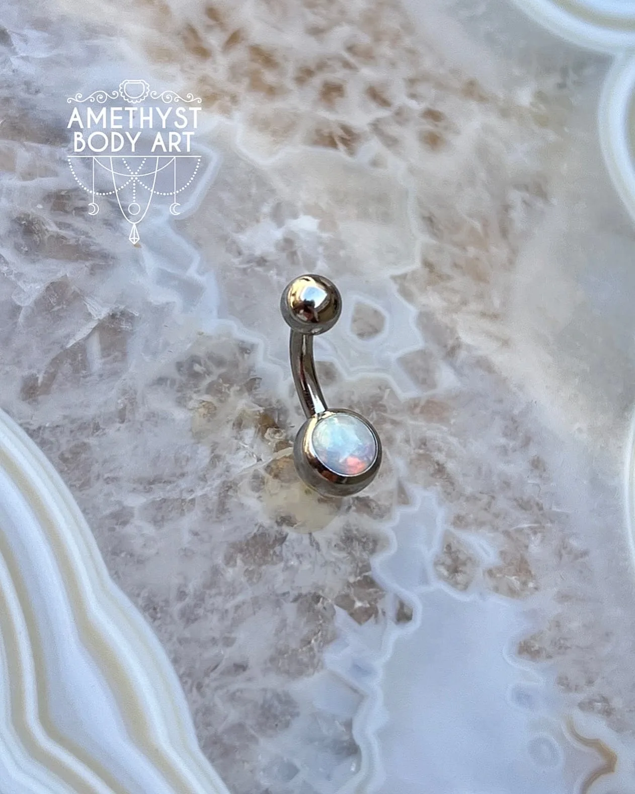 White Opal Stainless Steel Navel Curve Externally Threaded (4mm, 6mm ball) - Image 4