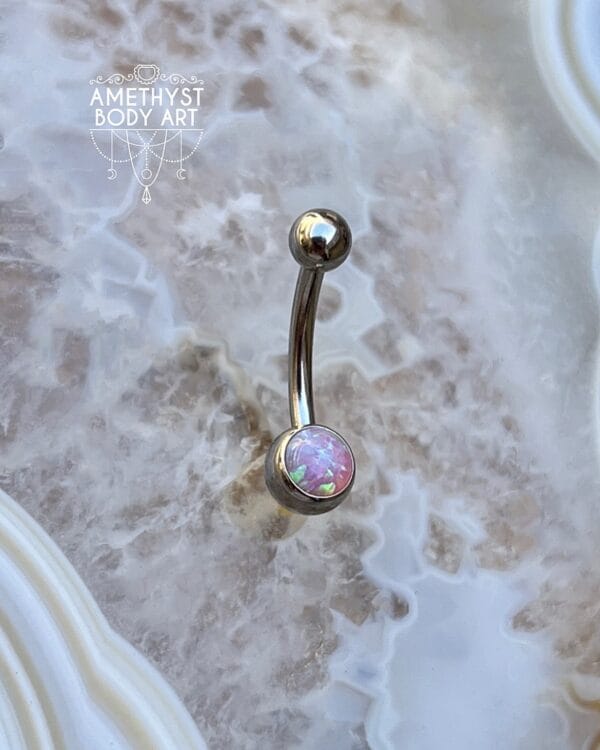 Pink Opal Stainless Steel Navel Curve Externally Threaded (4mm, 6mm ball) - Image 2