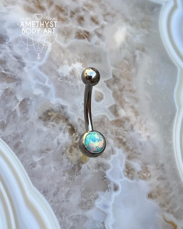 Light Green Opal Stainless Steel Navel Curve Externally Threaded (4mm, 6mm ball) - Image 2