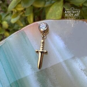 PVD Gold CZ Titanium Labret with Dagger Charm
