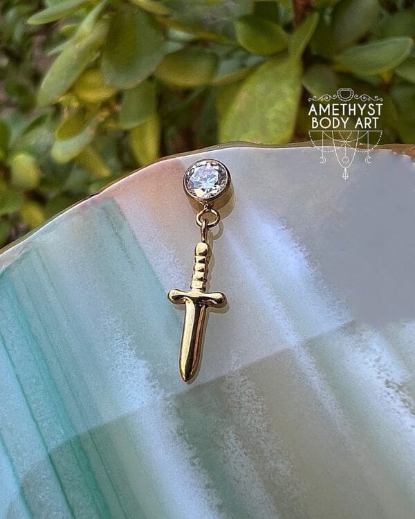 PVD Gold CZ Titanium Labret with Dagger Charm