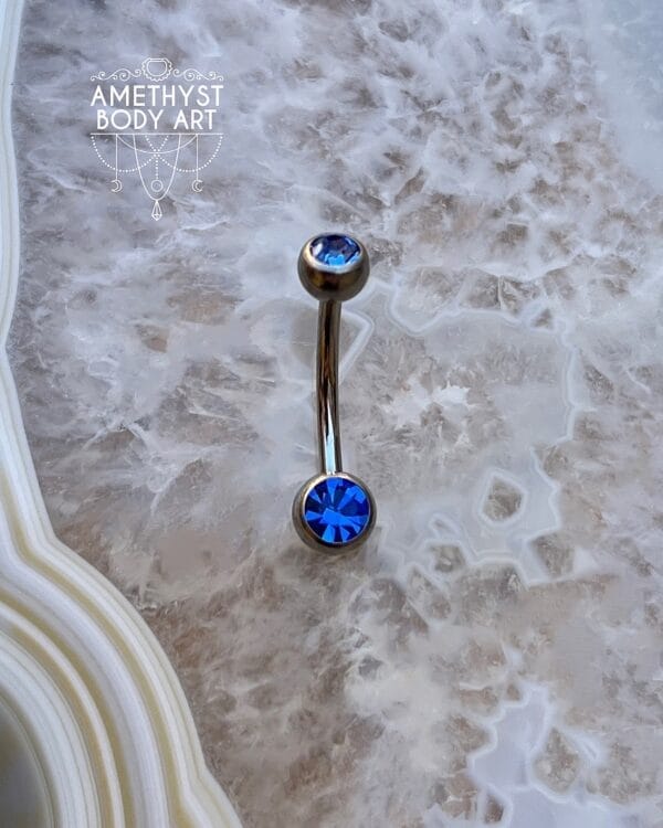 TI Navel Curve - Dark Blue CZ Externally Threaded (5mm, 6mm ball) - Image 2