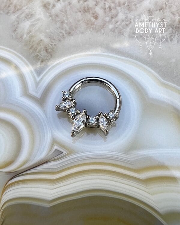 Prong Set Marquise and Round CZ - Stainless Steel Hinged Ring