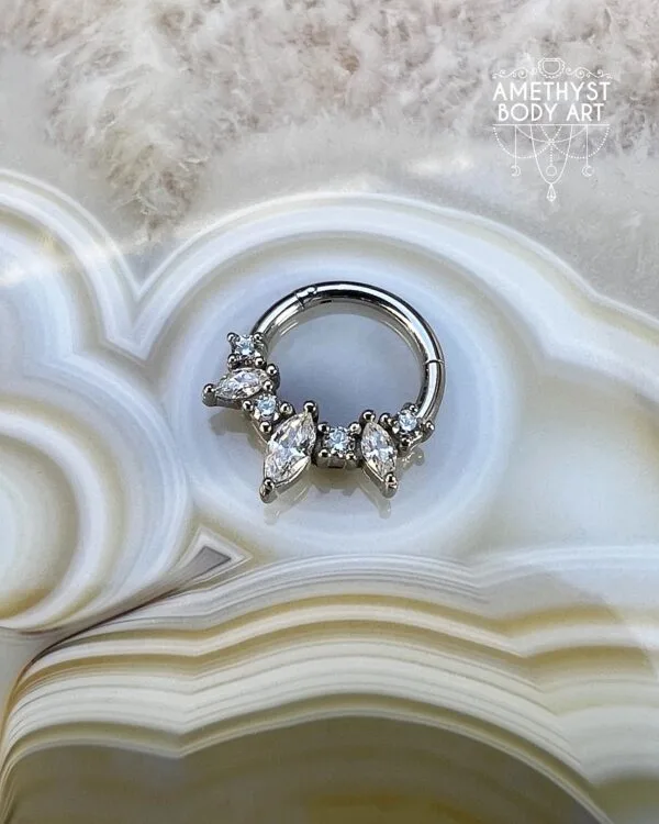 Prong Set Marquise and Round CZ - Stainless Steel Hinged Ring