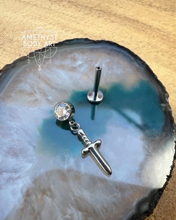 CZ Titanium Labret with Dagger Charm - Image 3