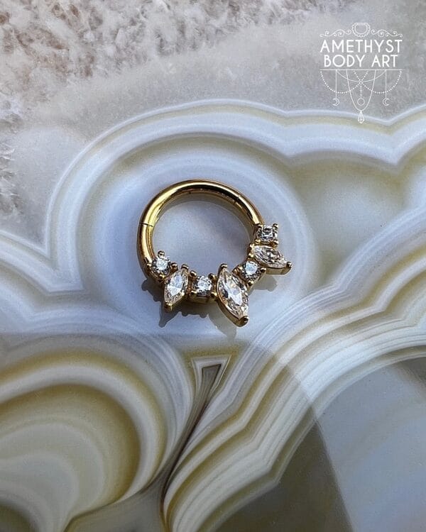 PVD YG Prong Set Marquise and Round CZ - Stainless Steel Hinged Ring - Image 3