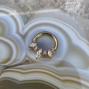 PVD YG Prong Set Marquise and Round CZ - Stainless Steel Hinged Ring