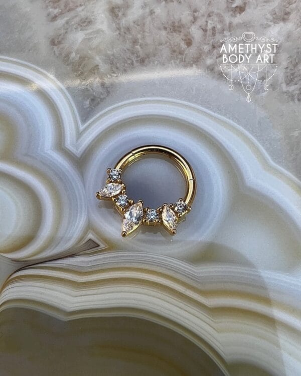 PVD YG Prong Set Marquise and Round CZ - Stainless Steel Hinged Ring