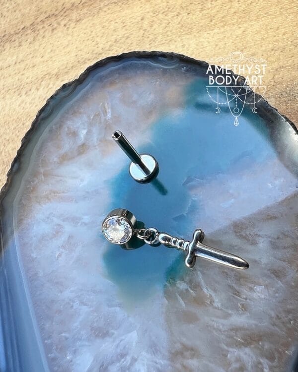 CZ Titanium Labret with Dagger Charm - Image 2