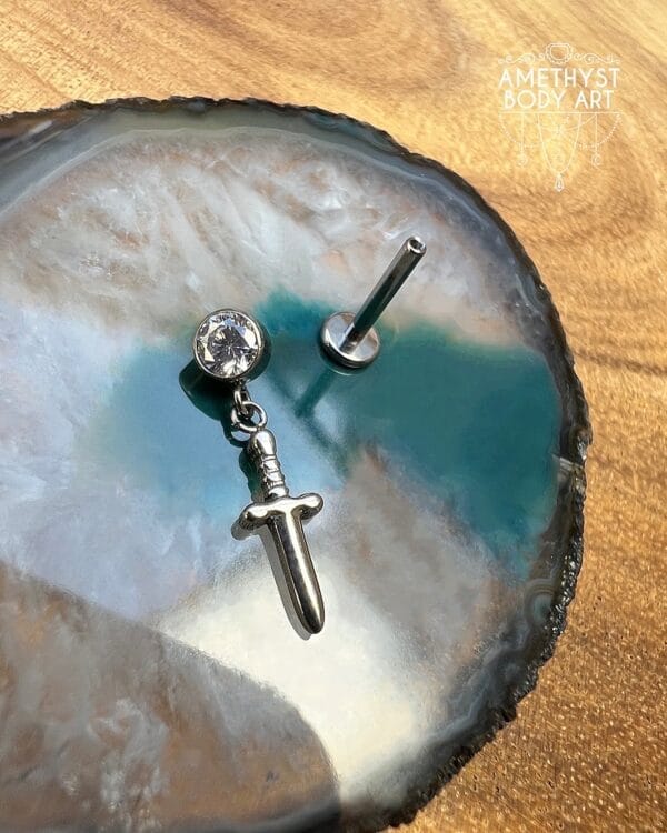 CZ Titanium Labret with Dagger Charm
