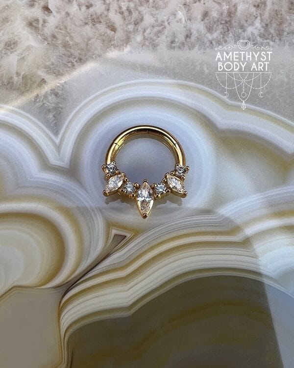 PVD YG Prong Set Marquise and Round CZ - Stainless Steel Hinged Ring - Image 2