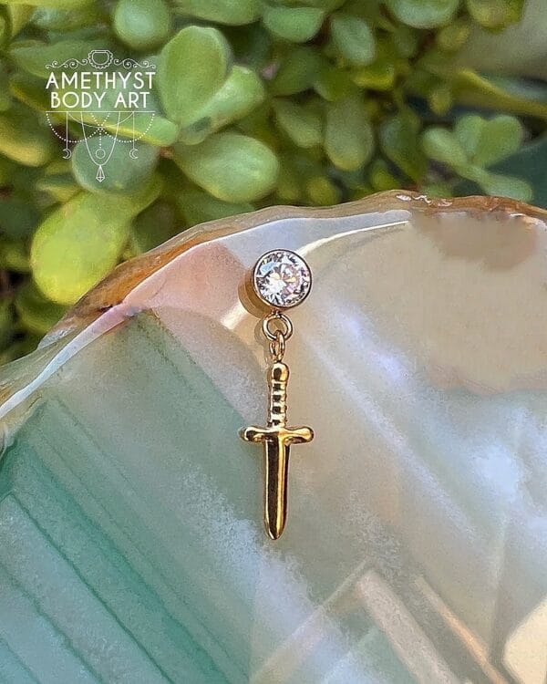 PVD Gold CZ Titanium Labret with Dagger Charm - Image 3