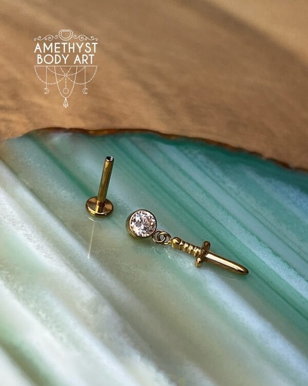 PVD Gold CZ Titanium Labret with Dagger Charm - Image 2