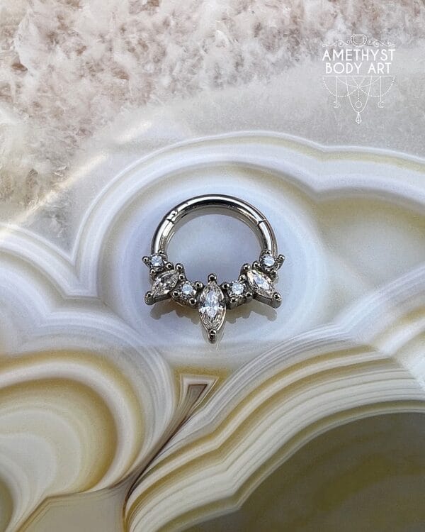 Prong Set Marquise and Round CZ - Stainless Steel Hinged Ring - Image 3