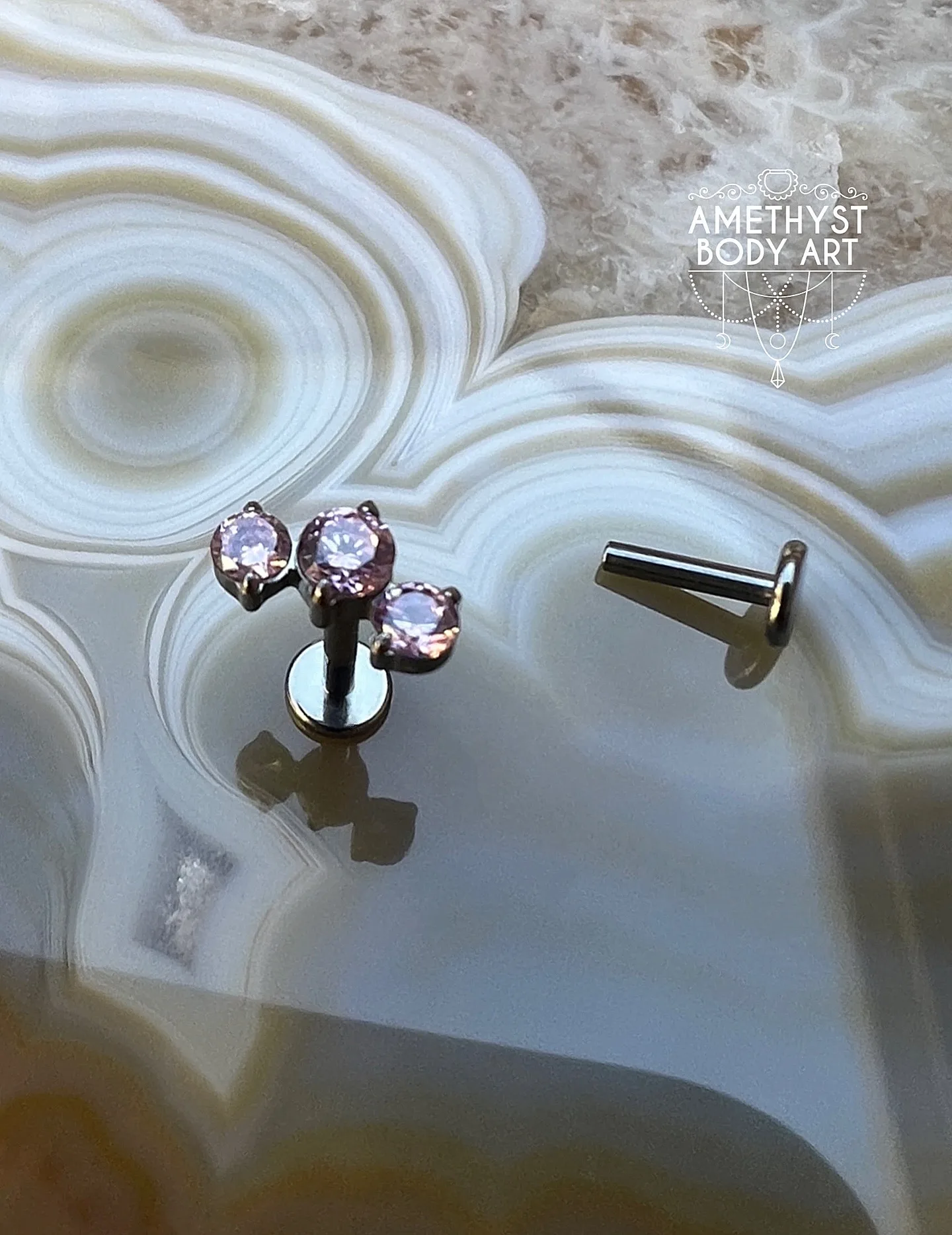 Cluster with 3 Prong set Pink CZ and Titanium Labret. - Image 3