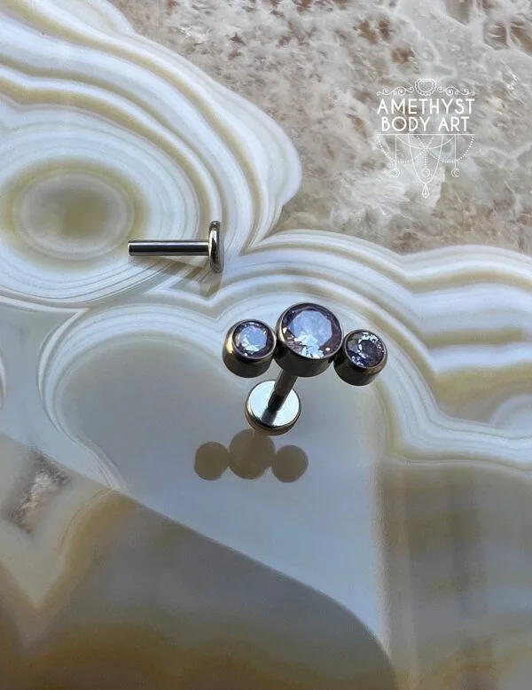 Cluster with 3 Bezel set Purple CZ and Titanium Labret. - Image 2