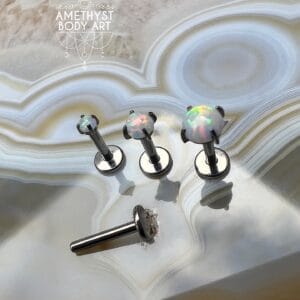 Prong set White Opal with Titanium Threadless Labret