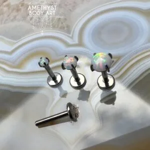 Prong set White Opal with Titanium Threadless Labret