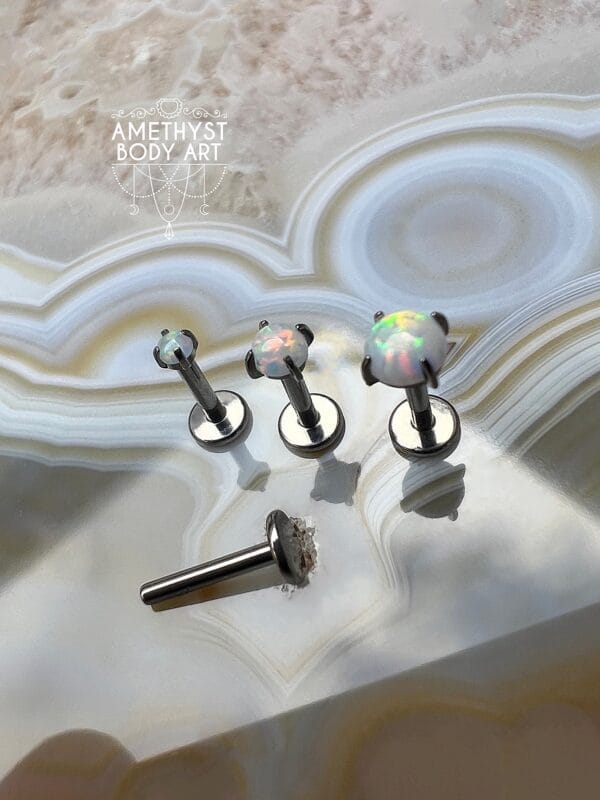 Prong set White Opal with Titanium Threadless Labret