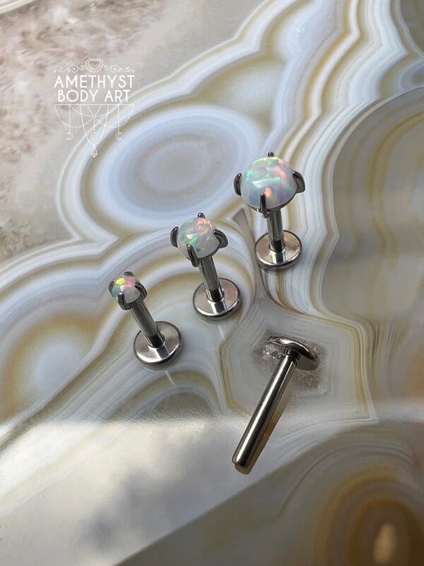 Prong set White Opal with Titanium Threadless Labret - Image 4