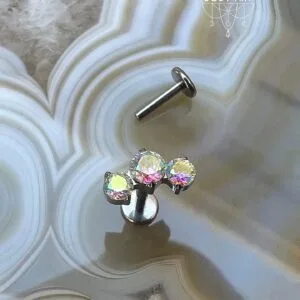 Cluster with 3 Prong set Aurora Borealis CZ and Titanium Labret.