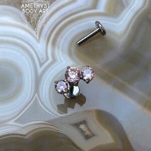 Cluster with 3 Prong set Pink CZ and Titanium Labret.