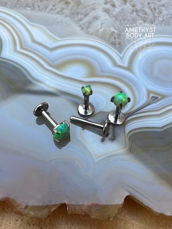 Prong set Green Opal with Titanium Threadless Labret - Image 3