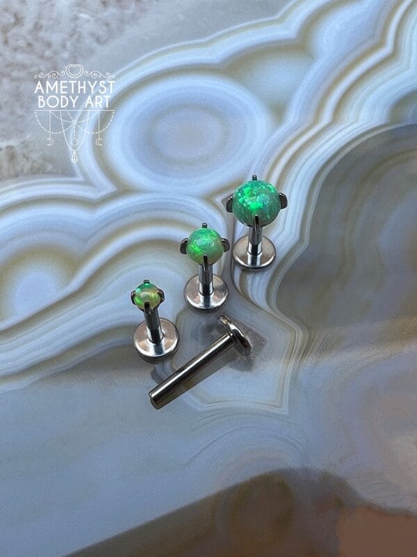 Prong set Green Opal with Titanium Threadless Labret - Image 2